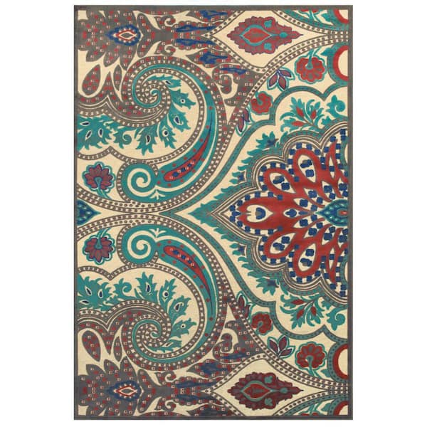 HomeRoots 2 x 8 Tan, Blue, Taupe Paisley Runner Rug
