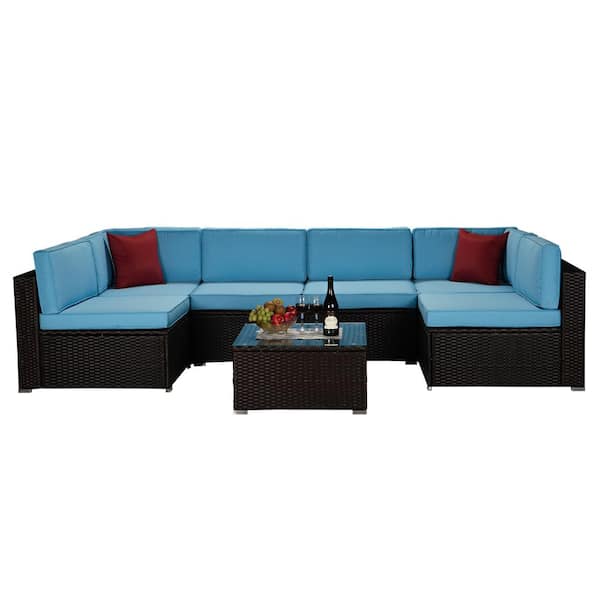 ATHMILE 7-Piece Glass Top Brown Wicker Living Room Suites