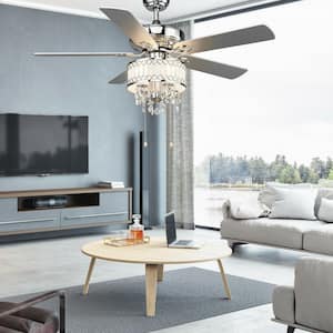 52 in. Indoor Silver Crystal Ceiling Fan Lamp with 5 Reversible Blades