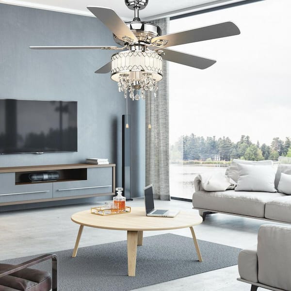 FORCLOVER 52 in. Indoor Silver Crystal Ceiling Fan Lamp with 5 Reversible Blades