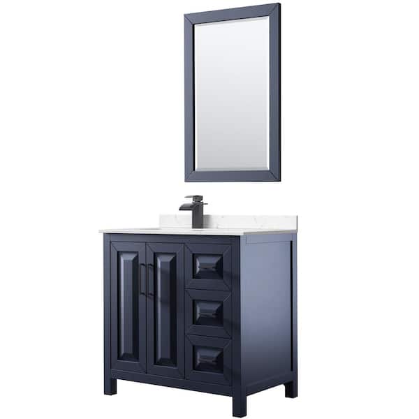 Wyndham Collection Daria 36 in. W x 22 in. D x 35.75 in. H Single Bath Vanity in Dark Blue with Carrara Cultured Marble Top and 24" Mirror