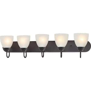 Mari 5-Light Indoor Antique Bronze Bath or Vanity Light Bar or Wall Mount with White Frosted Glass Bell Shades