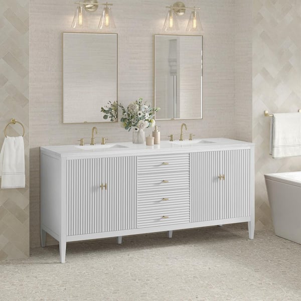 James Martin Vanities Myrrin 72.0 in. W x 23.5 in. D x 34.06 in. H Bathroom Vanity in Bright White with Arctic Fall Solid Surface Top