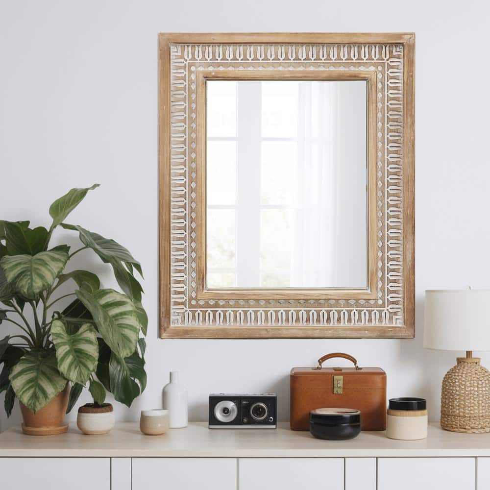 Medium Brown and White Carved Wood Farmhouse Decorative Mirror