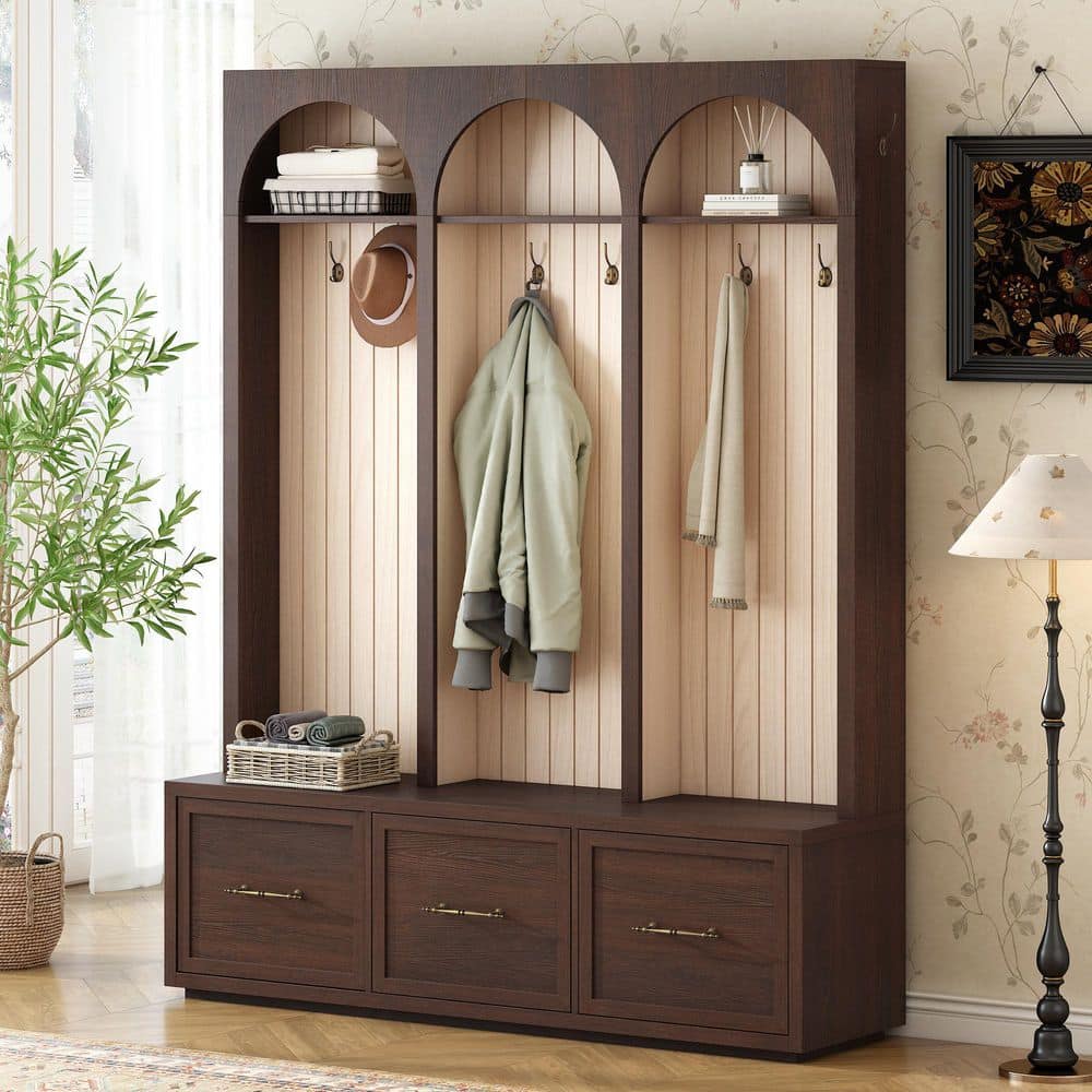 Dark Walnut Wooden Hall Tree with 8 Retro Hooks, Rustic Coat Rack, Shoe Organizer and 3 Drawers price history on PriceWatchPro