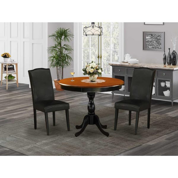 East West Furniture 3-Piece Black and Cherry Finish Solid Wood Top - Dining Room Set with High Back - Seats-4