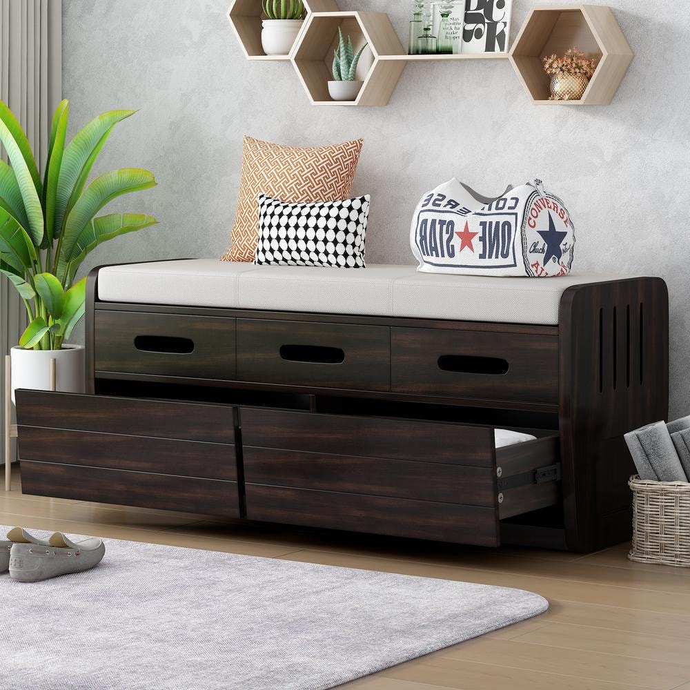 Espresso 18.5 in. H Storage Bench with 2-Drawers and 3-False Drawers at the Top