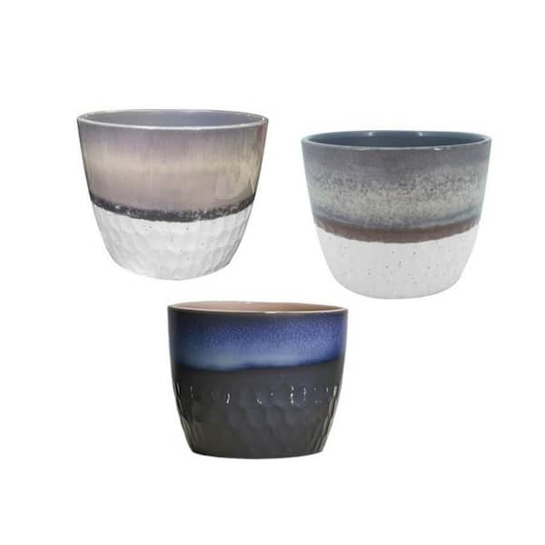 Unbranded Gradient Glaze 6 in. Gray/Brown/Blue Round Polystone Planter Plastic Pot with Textured Honeycomb Pattern (3-Pack)