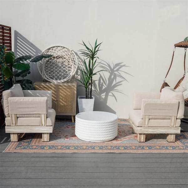 Inquiry 3-Piece Aluminum Patio Conversation Set with Beige Cushions, Arm, 24.25 in. W Round Magnesium Oxide Coffee Table