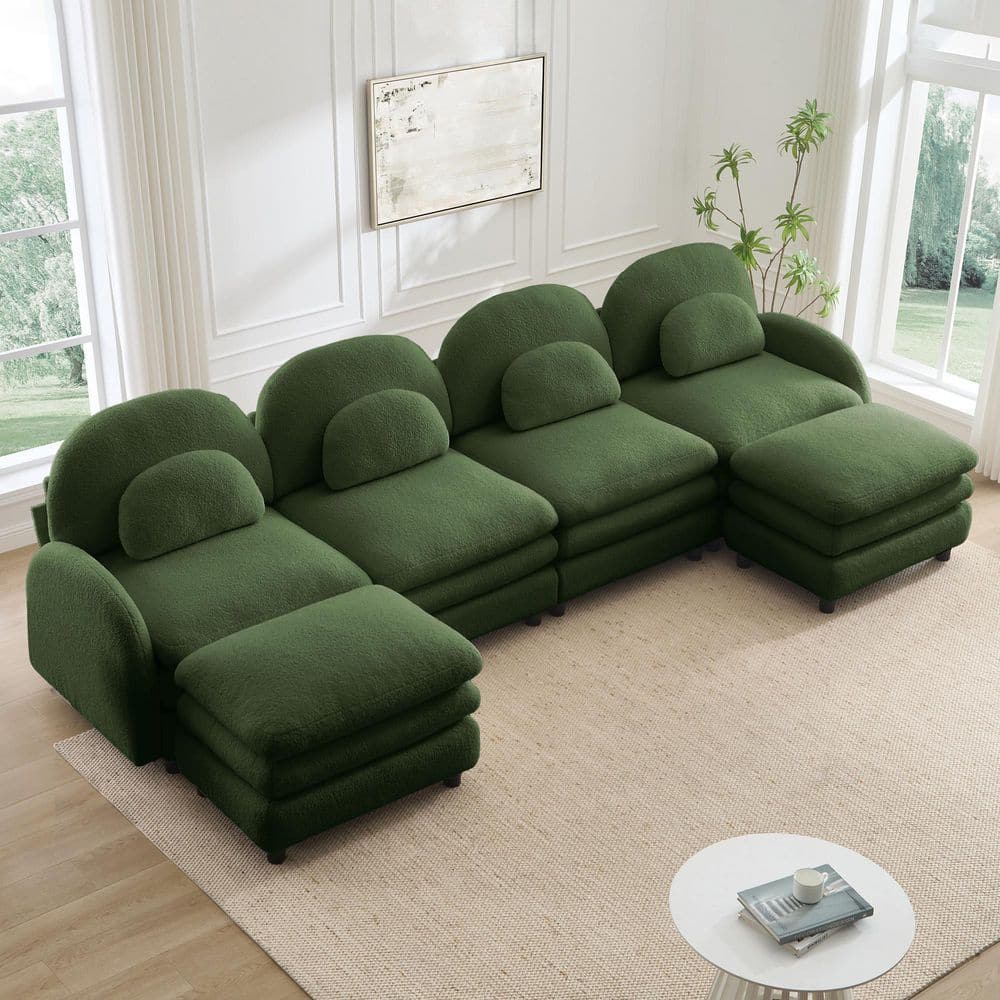 Lindsay 129.1 in. Flared Arms Fabric U-Shaped Sectional Sofa in Green, Curved Backrest, Pillows, 2 Ottomans