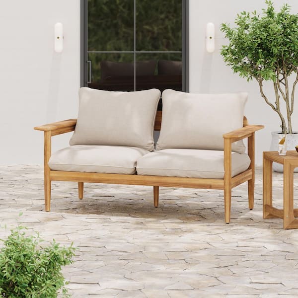 Terassi Patio Solid Wood 2-Seater Sofa Outdoor Loveseat with Beige Cushions, Light Teak