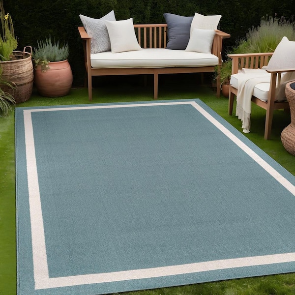 Aura Teal 6 ft. x 9 ft. Rubber Back Washable Modern Bordered Indoor Outdoor Area Rug