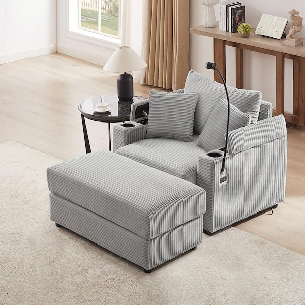 Harper & Bright Designs 41.7 in. Square Arm Corduroy Fabric Rectangle Sofa in Gray with Ottoman, Storage Armrests, USB Ports, Phone Holder