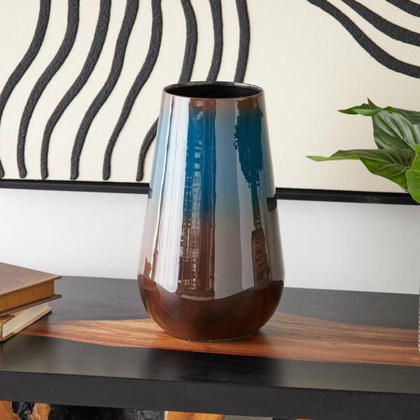 Litton Lane 12 in. Blue Ombre Metal Decorative Vase with Brown Accents