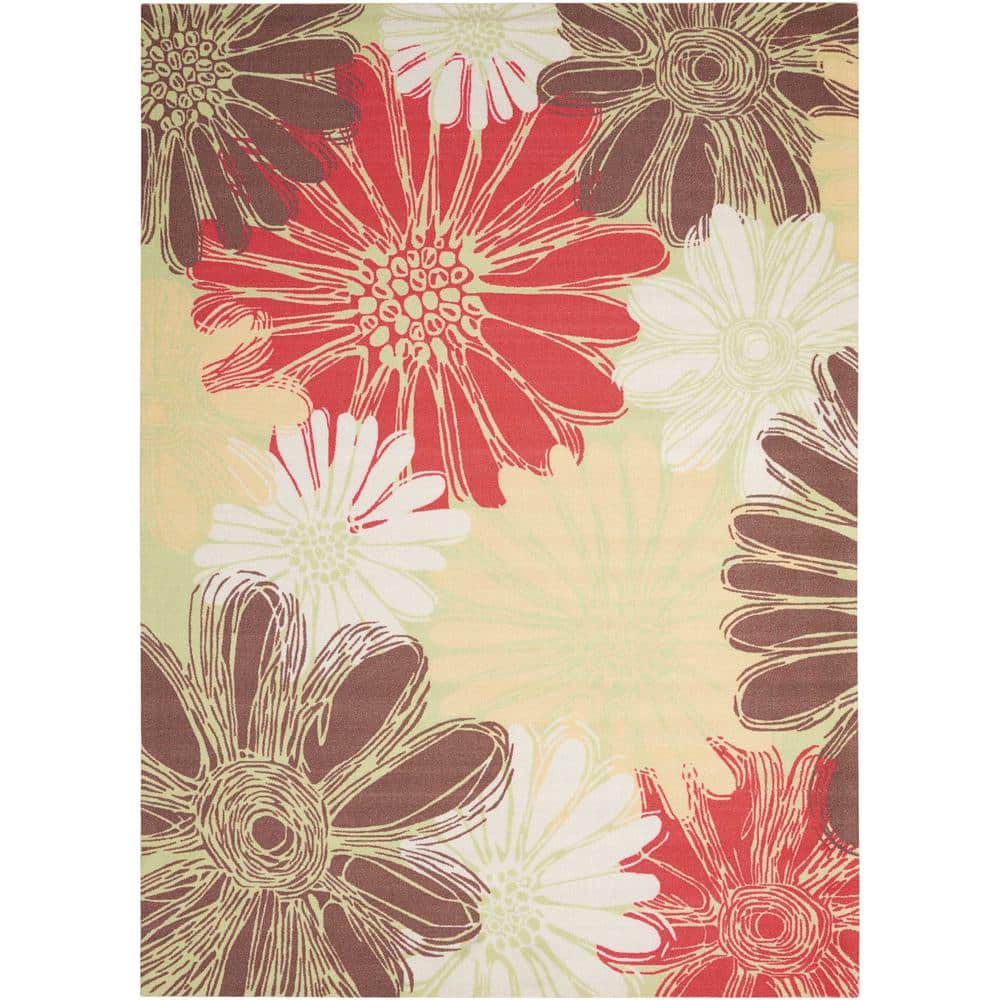 Lime Green Floral Sketch 5' x 7' Easy-Care Synthetic Area Rug