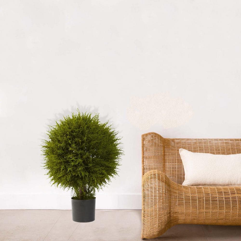 32'' Green Silk Cedar Ball Topiary in Black Planter