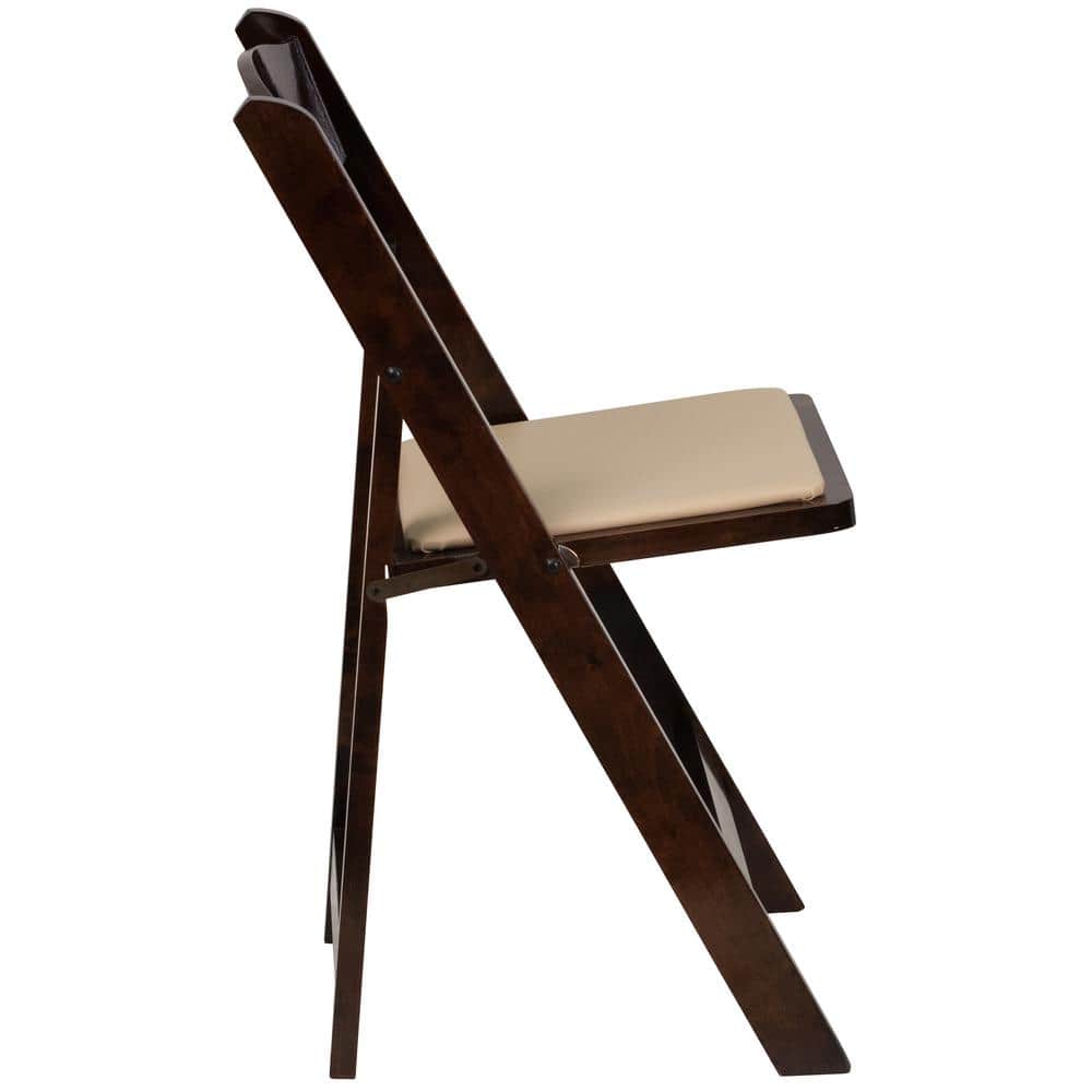 Fruitwood Folding Chair with Beige Vinyl Padded Seat