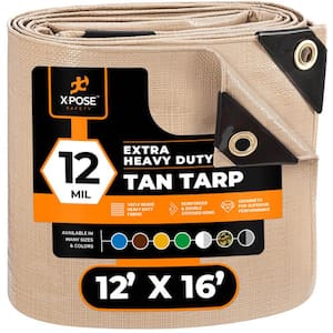 Heavy-Duty Tan Poly Tarp 12 ft. x 16 ft. Multi-Purpose Protective Cover Durable Extra Thick 12 Mil Polyethylene