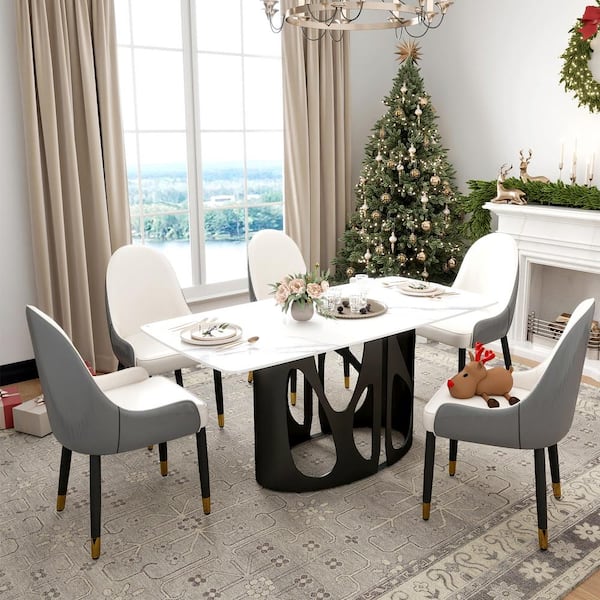 Magic Home 63 in. White Rectangle Round Edge Sintered Stone Top Pedestal Black Metal Base Dining Table (Seats-6)