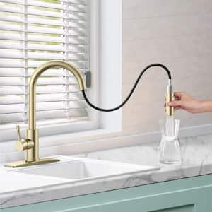 Single Handle Pull Down Sprayer Kitchen Faucet with Soap Dispenser and Deckplate in Matte Gold