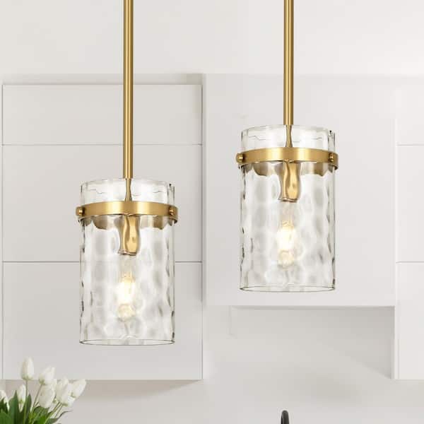 Jasslynn 2-Pack 60-Watt Gold Modern Pendant Light with Water Rippled Glass Shade for Kitchen Dining Room Foyer