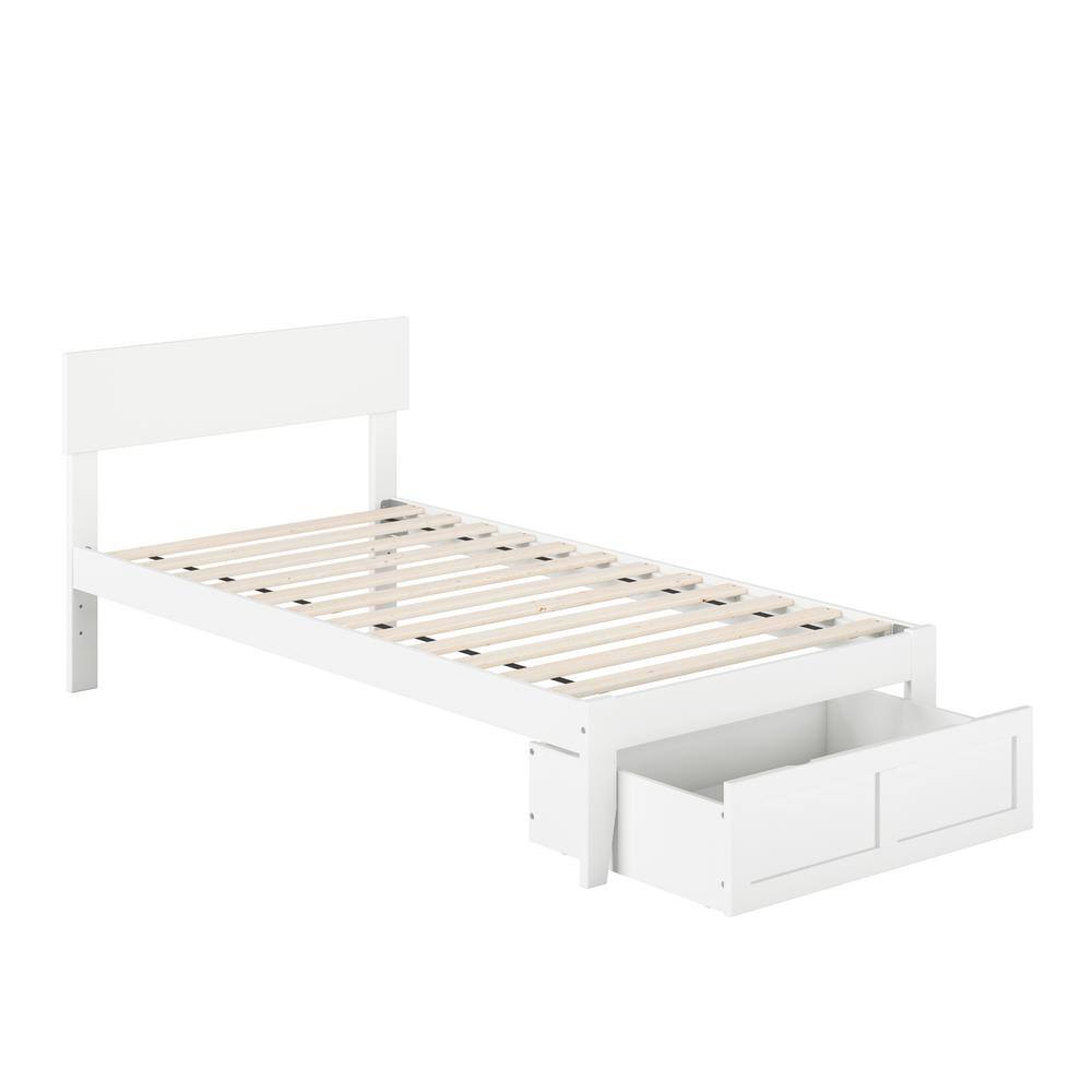 White Twin Wood Frame Bed with Headboard and Storage Drawer