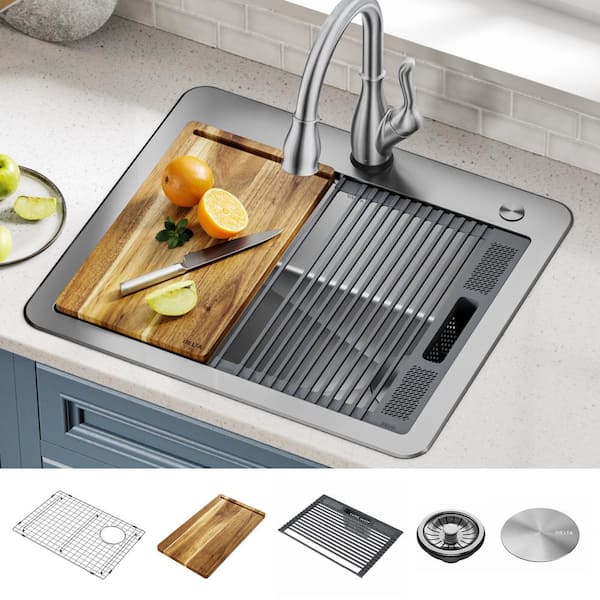 Delta Lorelai 16-Gauge Stainless Steel 25 in. Single Bowl Drop-in Workstation Kitchen Sink with Accessories