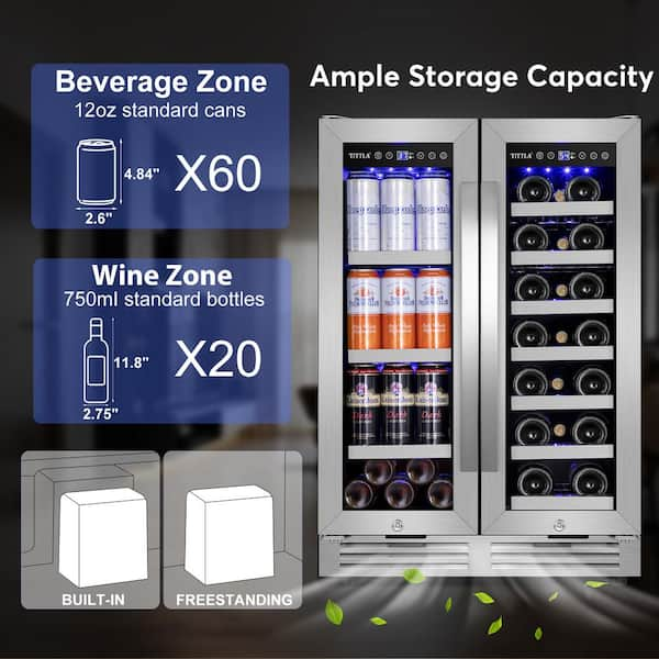 Nipus 24 in. Dual Zone 20-Wine Bottles and 60-Cans Beverage & Wine Cooler  in Silver Two Shapes of Door Handle Blue LED Lights NPDUAL02 - The Home  Depot