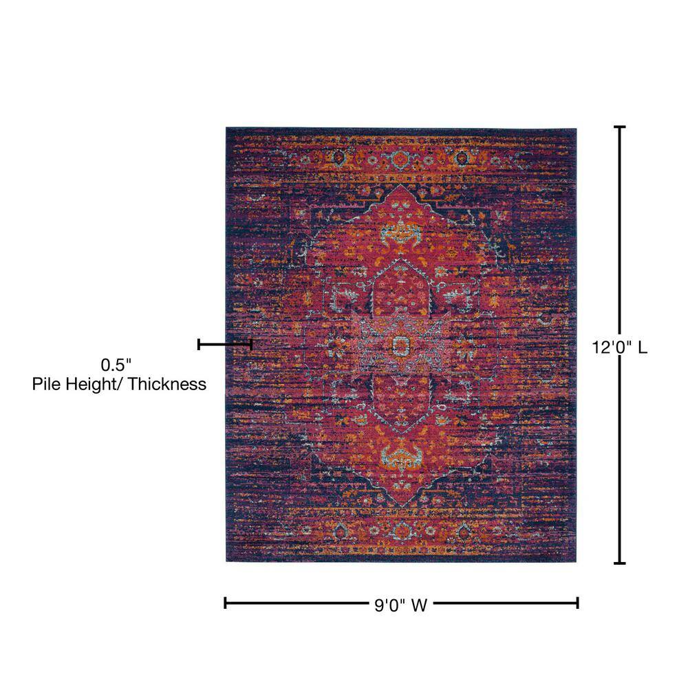 Elegant Blue/Fuchsia 9' x 12' Easy-Care Synthetic Area Rug