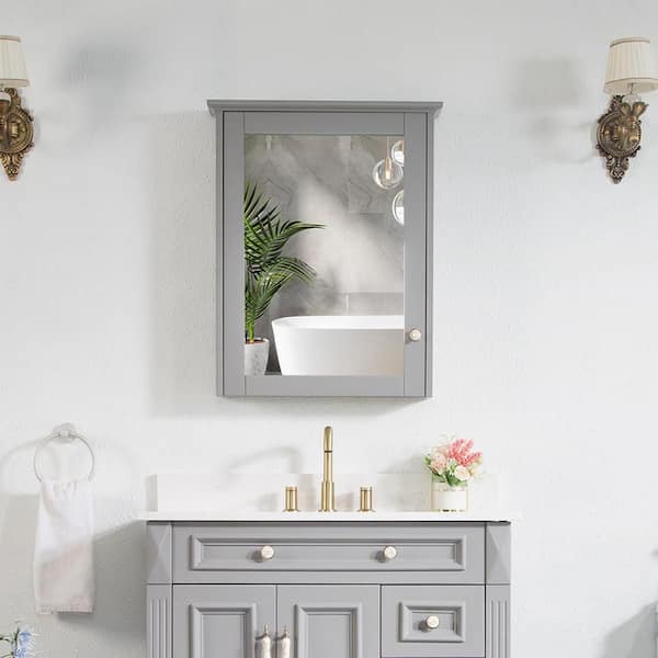 Gray medicine store cabinet with mirror