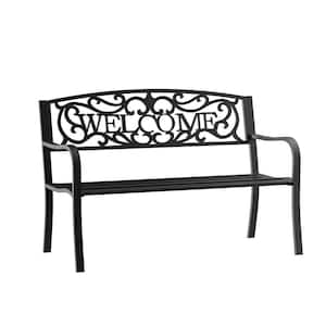 Welcome Design 2-Person Black Metal Outdoor Bench with Slatted Seat and Backrest for Outdoor Use Garden Park Porch