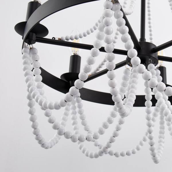 YANSUN 6-Light Matte Black Transitional Chandelier with White Wood