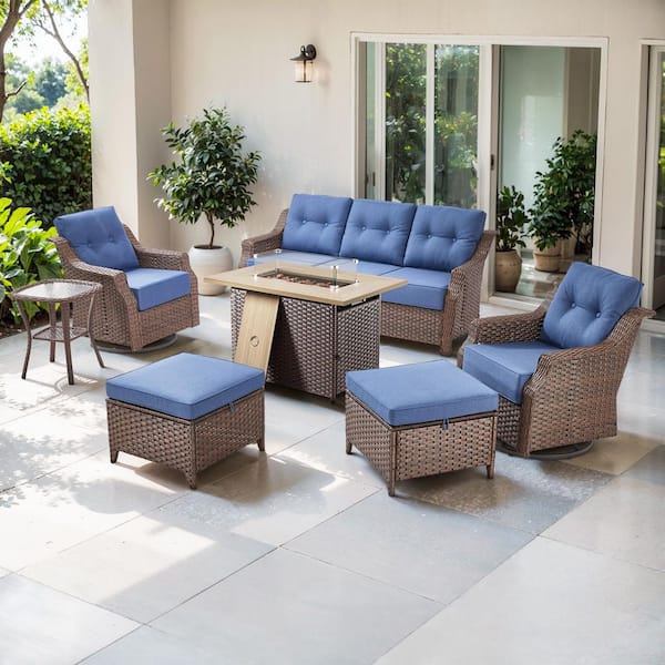 Artisan Brown 7-Piece Wicker Outdoor Patio Fire Pit Conversation Set with Navy Blue Cushions and Swivel Gliders