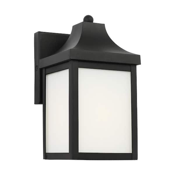 Saybrook 8.5 in. Textured Black Outdoor Hardwired Extra Small Wall Lantern Sconce with Glass Shade and No Bulbs Included