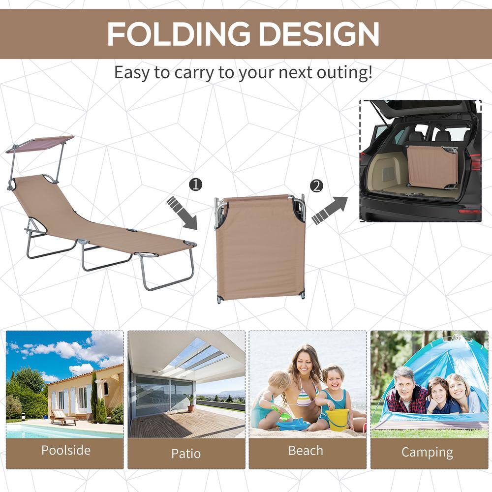Tan Adjustable Folding Steel Outdoor Chaise Lounge with Sun Shade