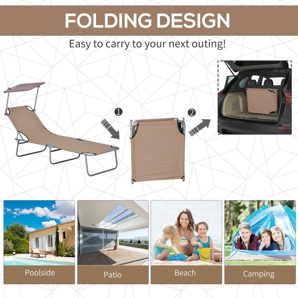 Diagram showing the folding design and various outdoor usage scenarios for the chair.