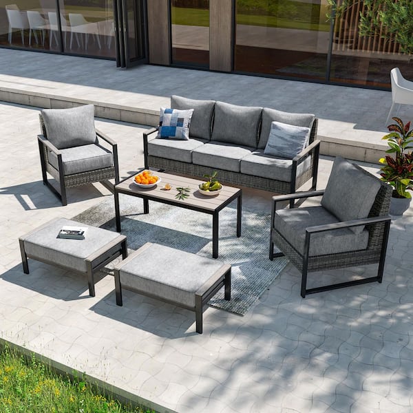 6 Pieces Patio Conversation Set with Coffee Table and Ottomans Gray Wicker with Linen Grey Cushion