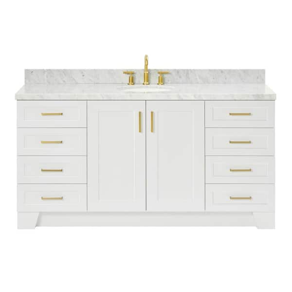 Taylor 66 in. W x 22 in. D x 36 in. H Single Sink Freestanding Bath Vanity in White with Carrara White Marble Top