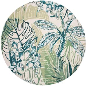 Reva Ivory 8 ft. Round Tropical Leaves Hand-Tufted Wool Area Rug