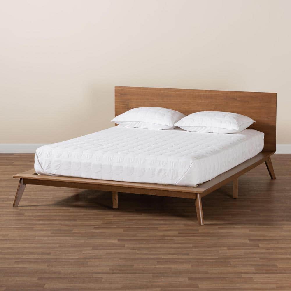 Walnut Brown Wood King Size Platform Bed with Upholstered Headboard