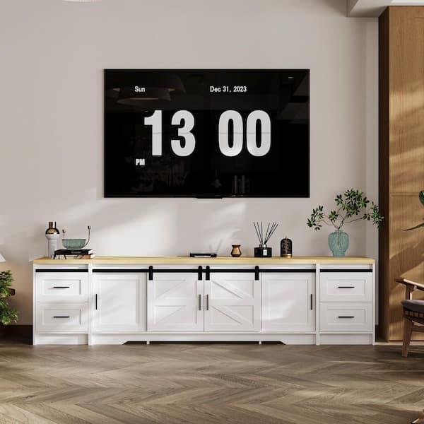 94.5 in. Extra Long White Barn Door TV Stand for TVs up to 100 in. with 4 Drawers, Sliding Doors and Adjustable Shelves