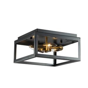 11 in. 3-Light Modern Industrial Small Square Flush Mount in Matte Black Rustic Metal Open Cage Ceiling Lighting