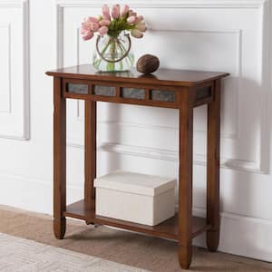Favorite Finds 28 in. W x 10.5 in. D Rustic Oak Rectangle Wood Console Table with Rustic Slate Tile Highlights and Shelf