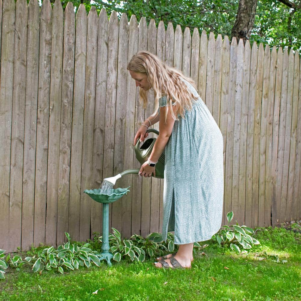 Green Patina Cast Aluminum Leaf Bird Bath with Metal Sculpture