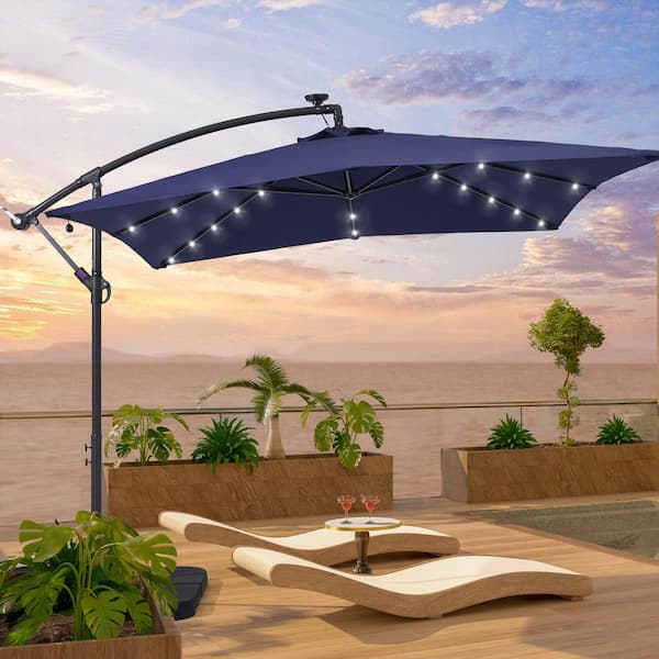 8.2 ft. x 8.2 ft. Outdoor Cantilever Umbrella, Square 32 Solar LED Lights, Hanging Lighted Umbrella in Navy Blue