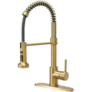 ABA Single Handle Gooseneck Pull Down Sprayer Kitchen Faucet with Deckplate Included and Handles in Brushed Gold