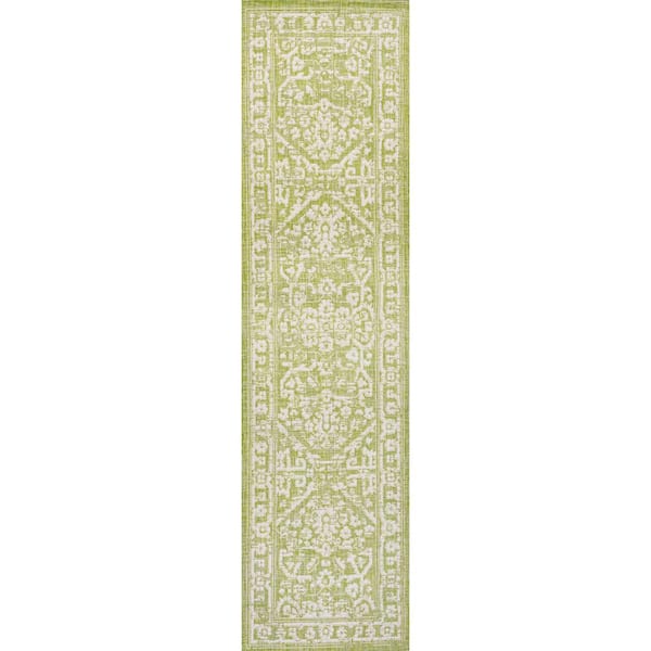 Malta Bohemian Medallion Textured Weave Green/Cream 2 ft. x 8 ft. Indoor/Outdoor Runner Rug