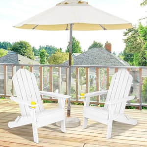 2-Pieces Plastic Patio Folding Adirondack Chair Weather Resistant Cup Holder Yard White