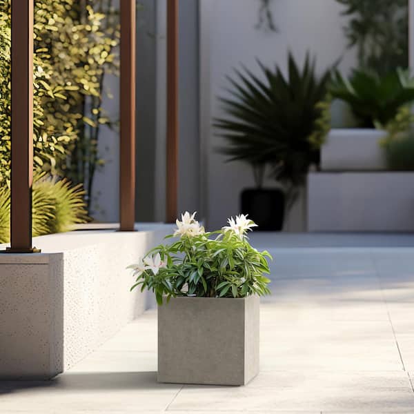 Sapcrete Modern 10 in. High Large Tall Square Light Gray Outdoor Cement Planter Plant Pots
