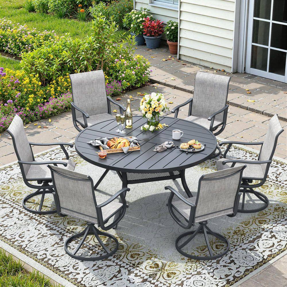 7-Piece Metal Outdoor Patio Dining Set with 47.2 in. Grey Round Dining Table and 6 Grey Textilene Swivel Dining Chairs price history on PriceWatchPro